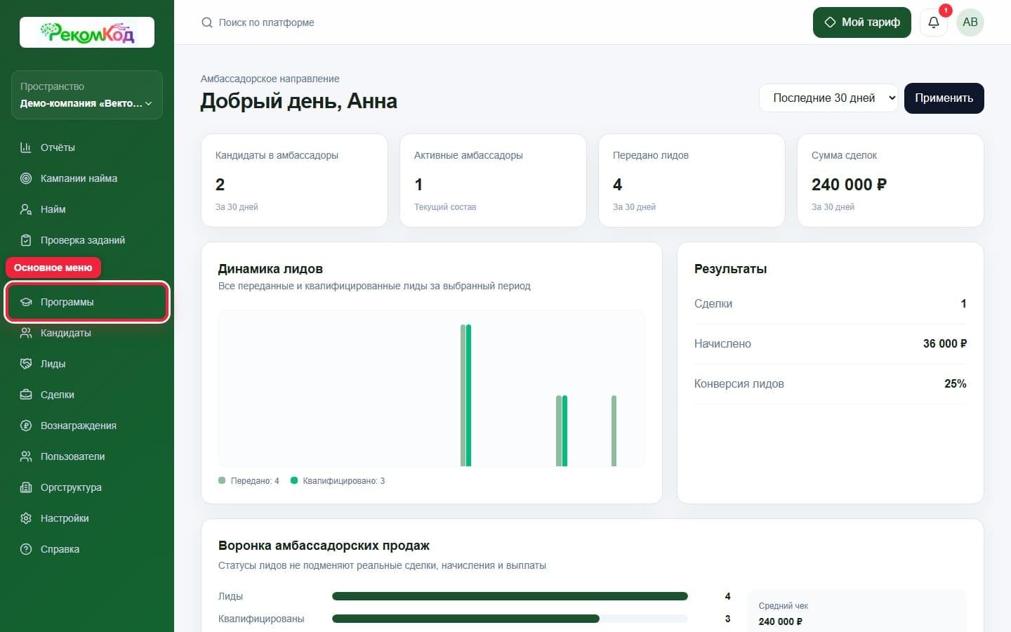 Левое меню кабинета. Показана описываемая область интерфейса.