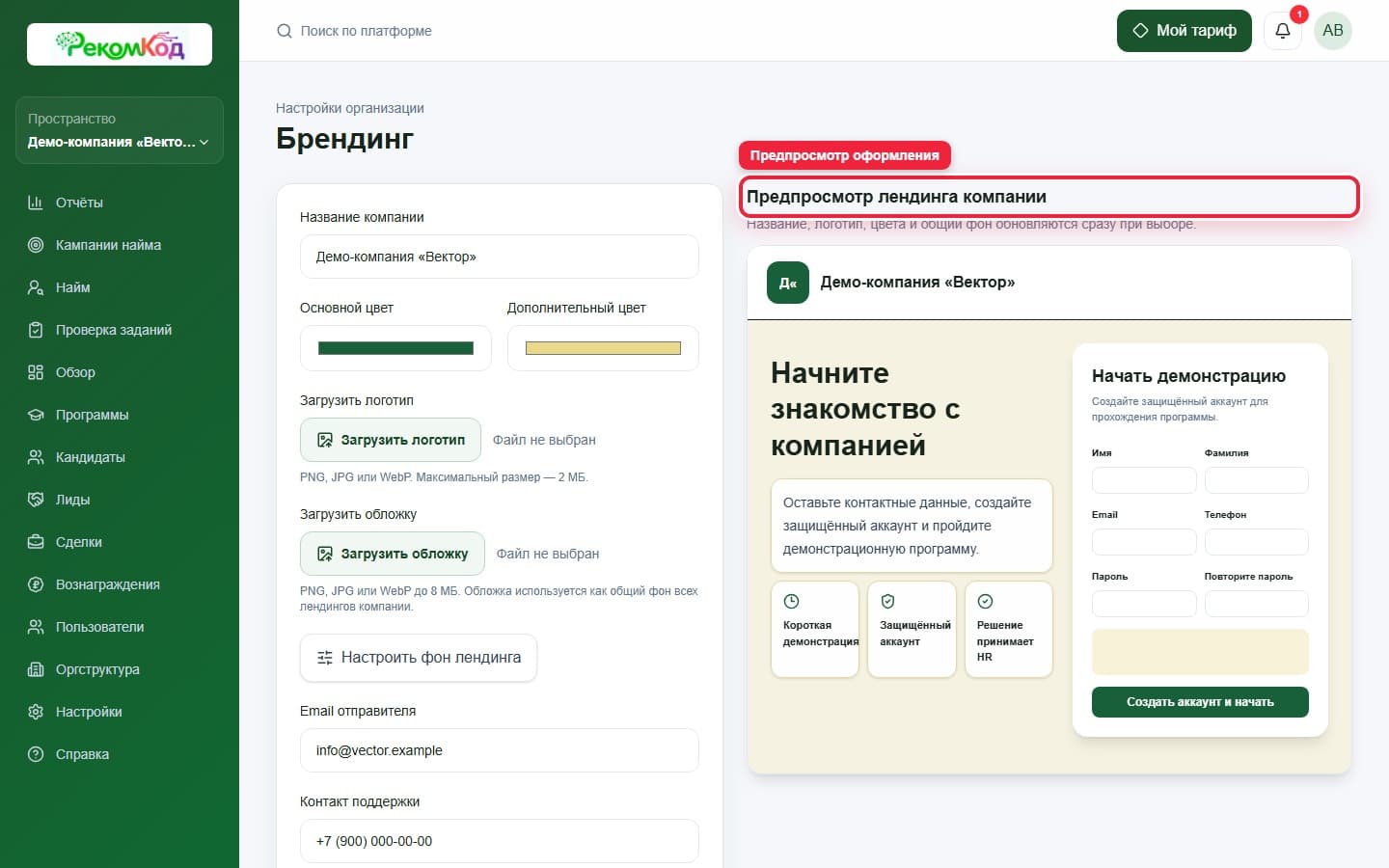 Предпросмотр лендинга. Показана описываемая область интерфейса.