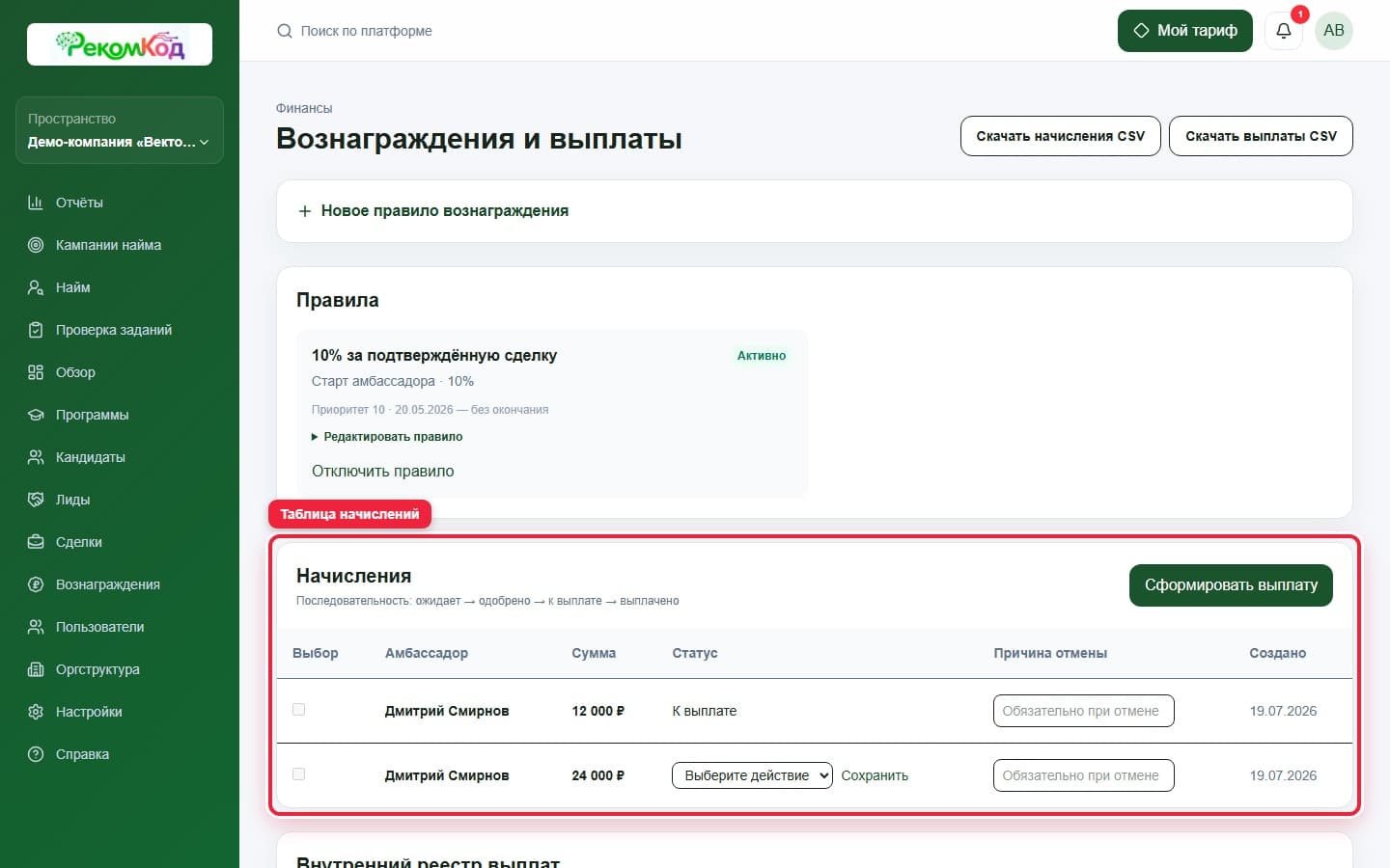 Таблица начислений. Показана описываемая область интерфейса.